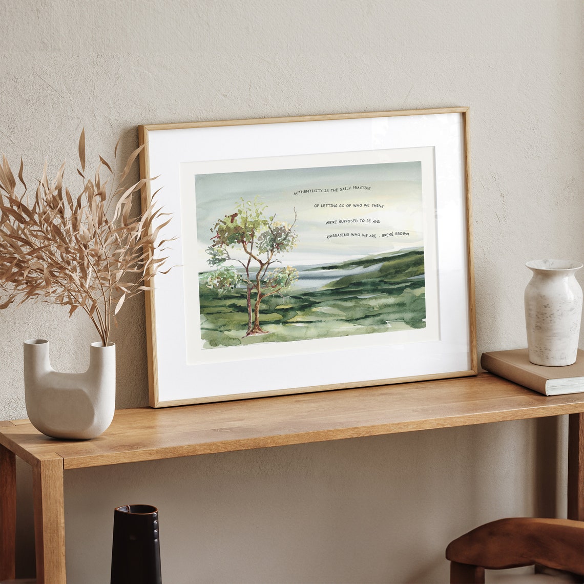 Brene Brown Authenticity Quote Watercolor Hillside Tree Poster - Image 3