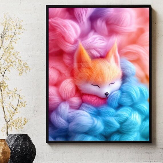 Sleeping Baby Fox Curled Up in Soft Rainbow Yarn Clouds Poster