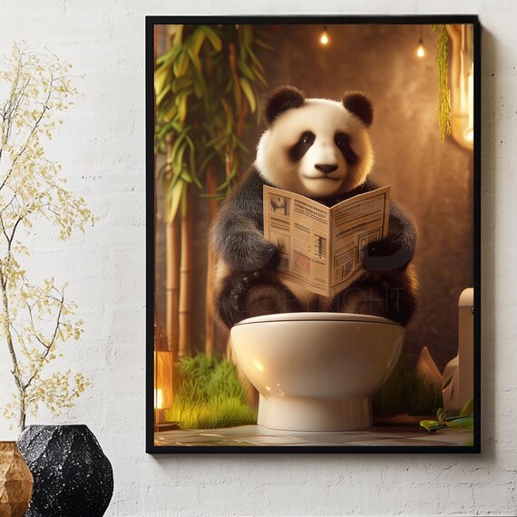 Panda Reading a Newspaper on the Toilet Bathroom Humor Poster