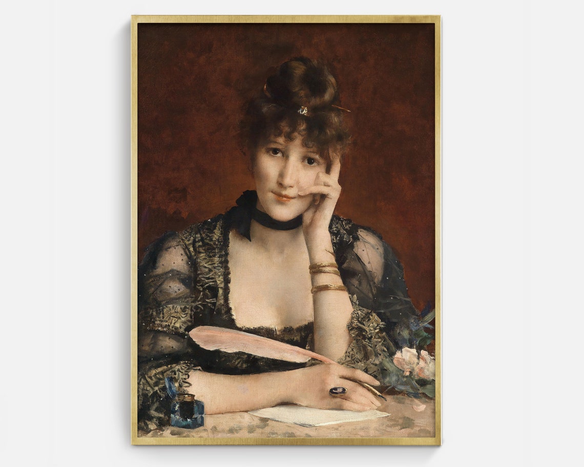 Vintage Portrait Of Woman Writer Antique Painting Of Girl With Feather Portrait Gallery Wall Art