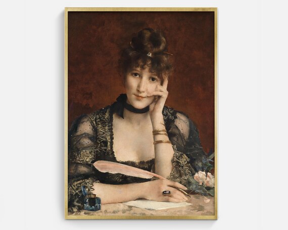Portrait Young Woman Writer Quill Inkwell Writing Desk 19th Century Art Print