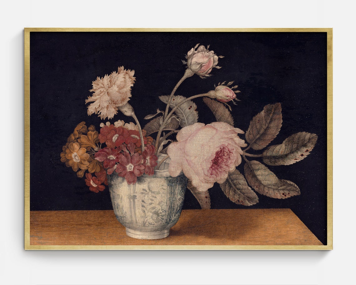Pale Roses Carnations White Delft Vase Moody Still Life Art Poster