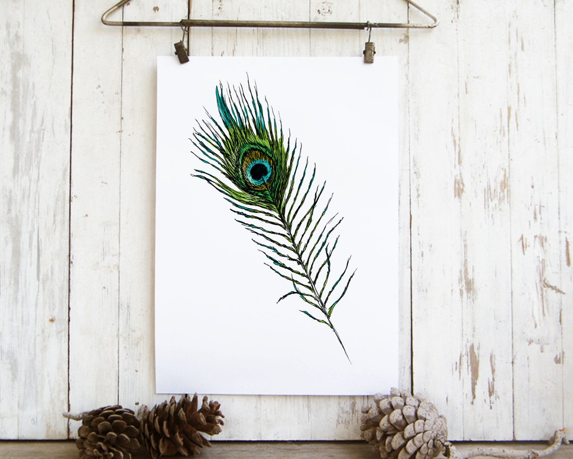 Elegant Peacock Feather Single Plume Watercolor Botanical Wall Art - Image 2