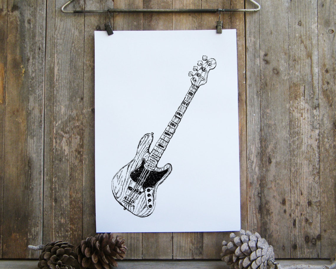 Black and White Bass Guitar Ink Sketch Music Room Art Poster - Image 2