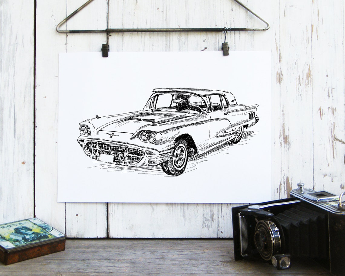 Ford Thunderbird Classic Car Ink Sketch Vintage Auto Line Print - Image 4