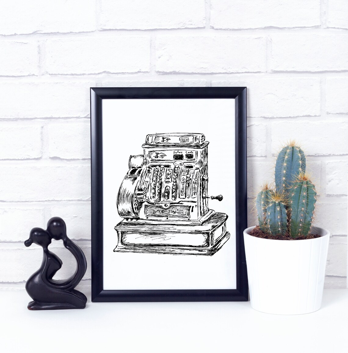 Vintage Cash Register Pen Sketch Antique Shop Counter Art Poster