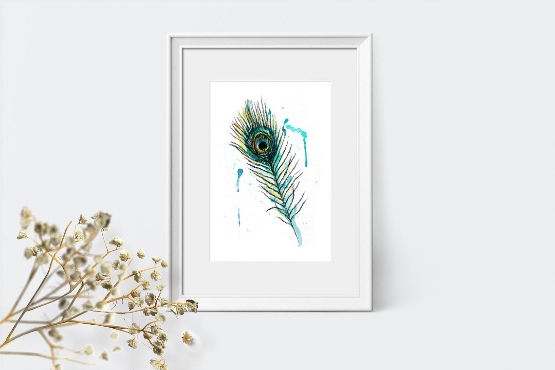 Peacock Feather Teal Watercolor Splash Elegant Nature Art Poster