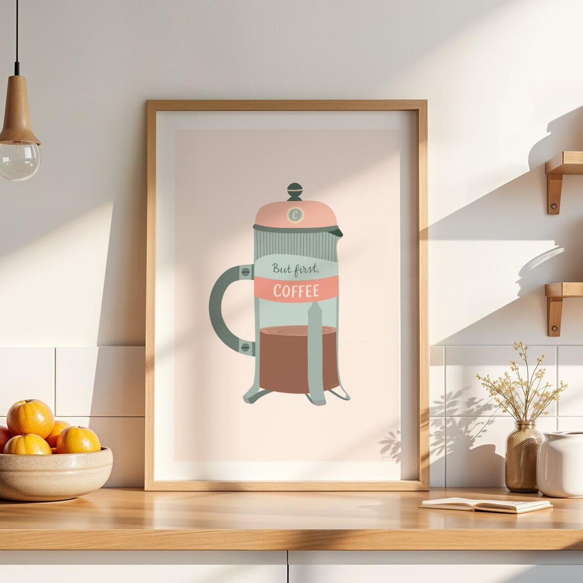 Coffee Art Poster, French Press Coffee Kitchen Art
