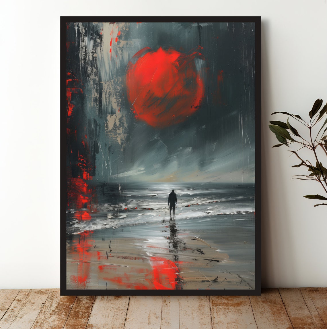 Lone Figure Under Red Moon Grey Beach Scene Design Art Print