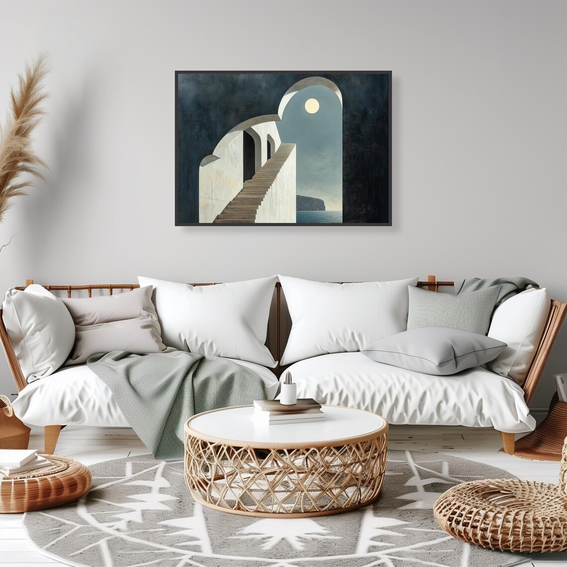 Surreal White Stairs Ocean Moon Minimalist Architecture Art Print - Image 2