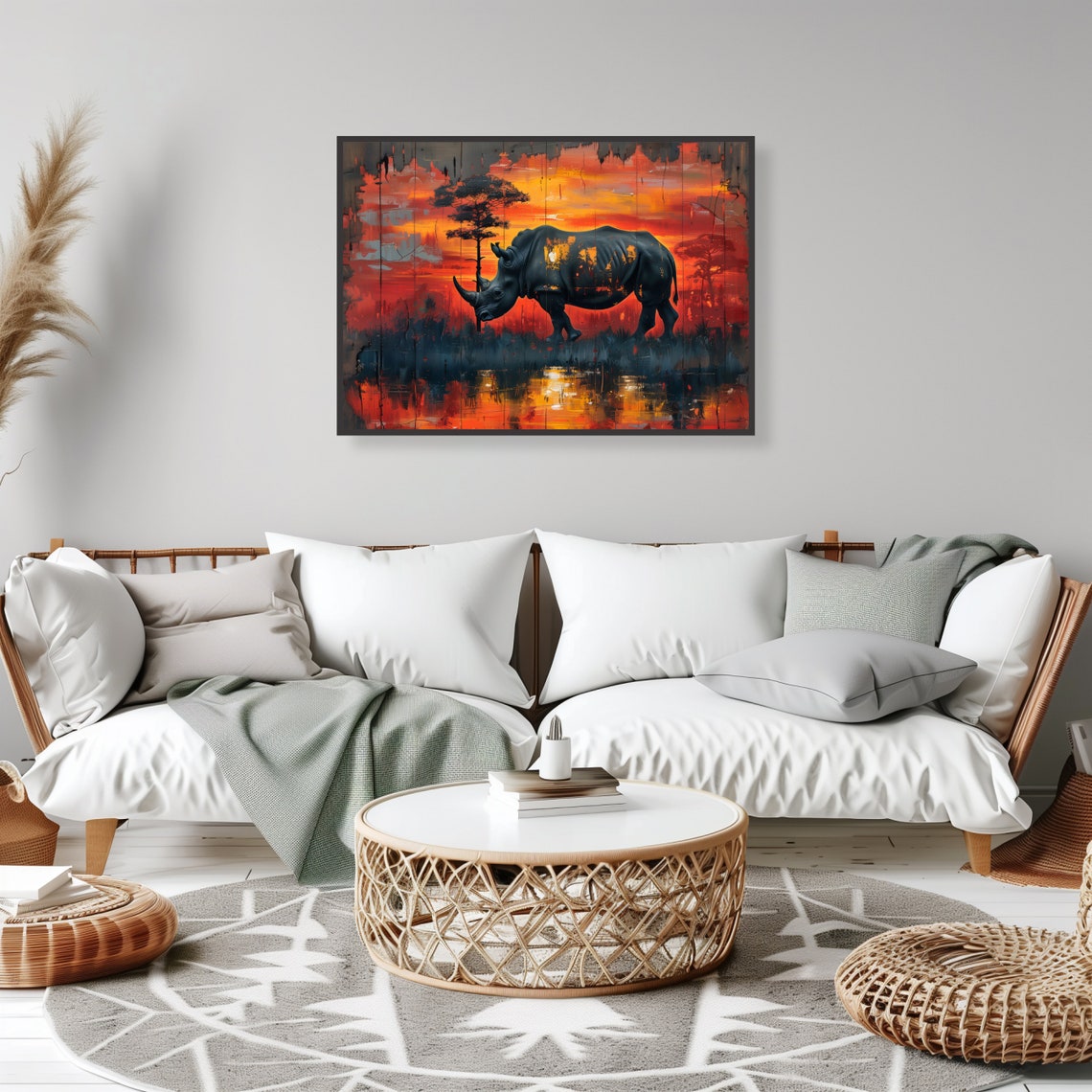 African Rhino Sunset Savanna Dramatic Fiery Abstract Style Poster - Image 2