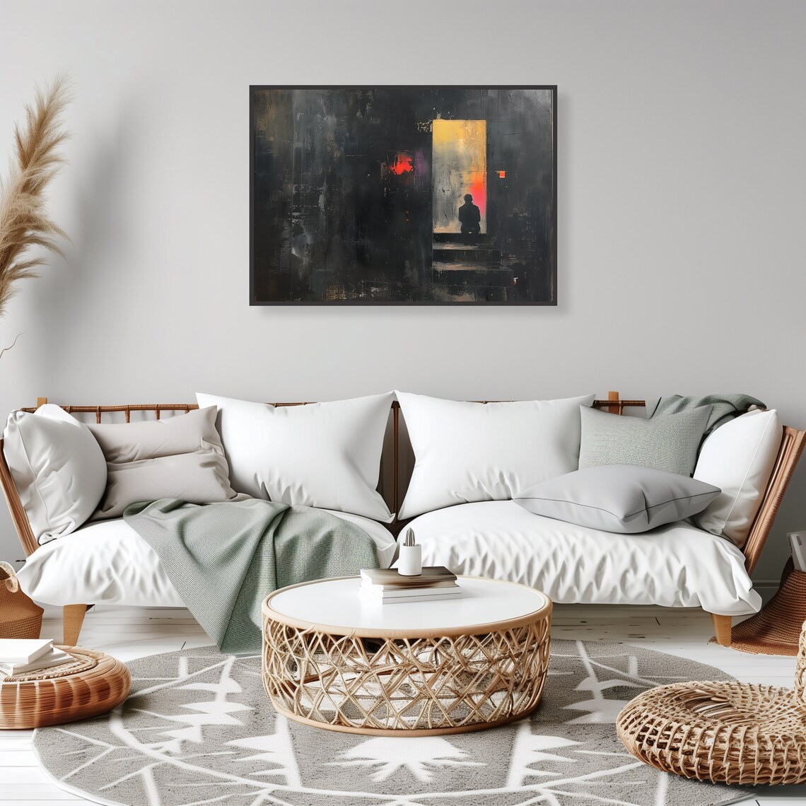 Lone Figure Glowing Doorway Dark Moody Cinematic Abstract Art Print - Image 2