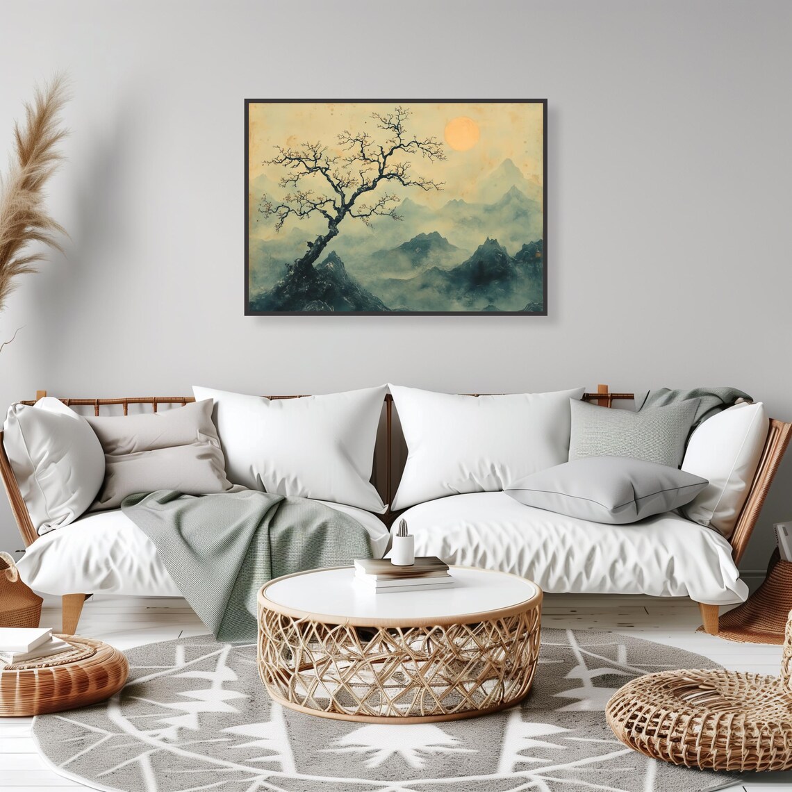 Japanese Ink Wash Mountain Tree Golden Sun Scene Design Art Print - Image 2