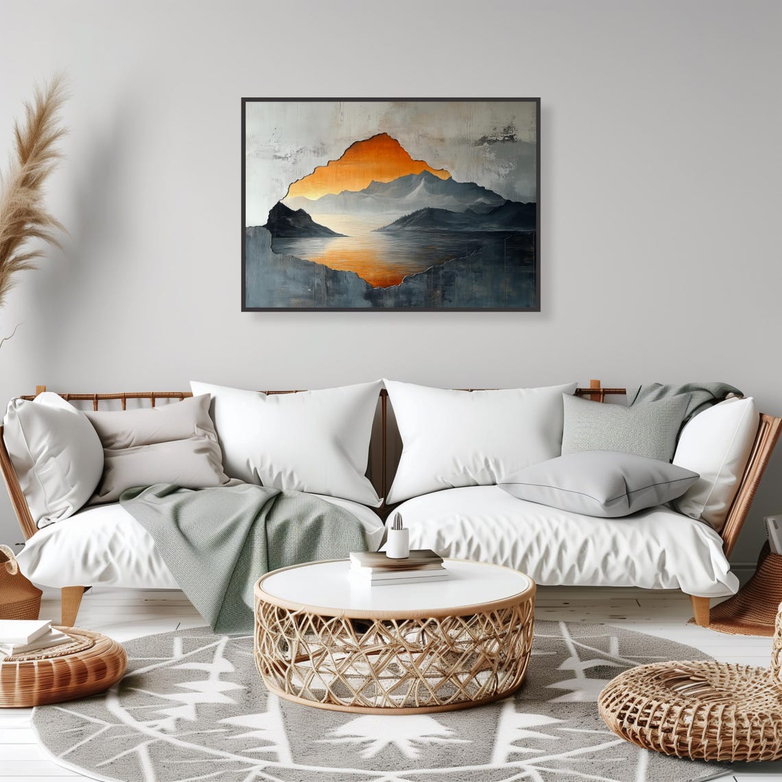 Abstract Mountain Landscape Wall Art Print In Textured Grey Gold Design Modern Rustic Nature Decor For Home Office - Image 2