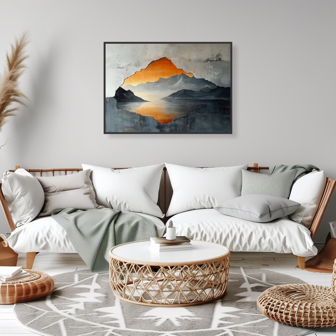 Torn Paper Mountain Lake Sunset Grey Gold Scene Design Wall Art - Image 2
