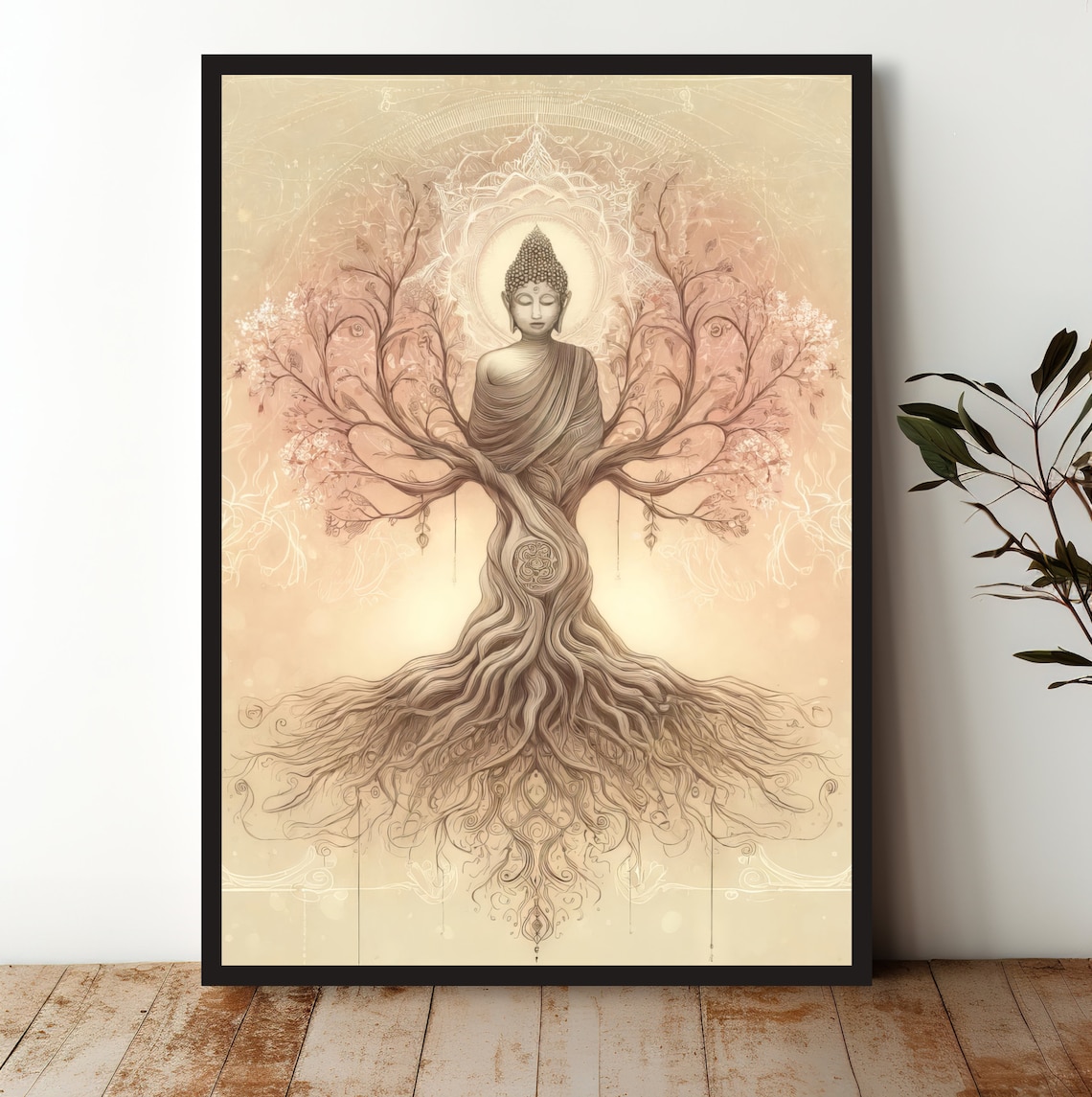Buddha Tree of Life Sepia Spiritual Mindfulness Serene Yoga Art Poster