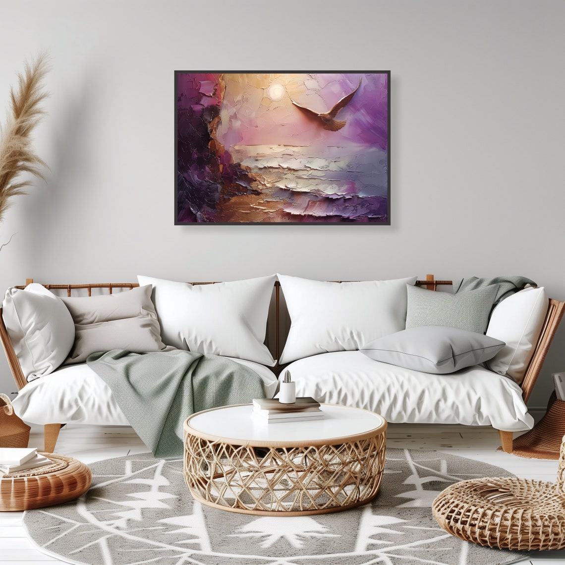 Seagull Purple Ocean Sunset Impasto Coastal Flight Art Poster - Image 2