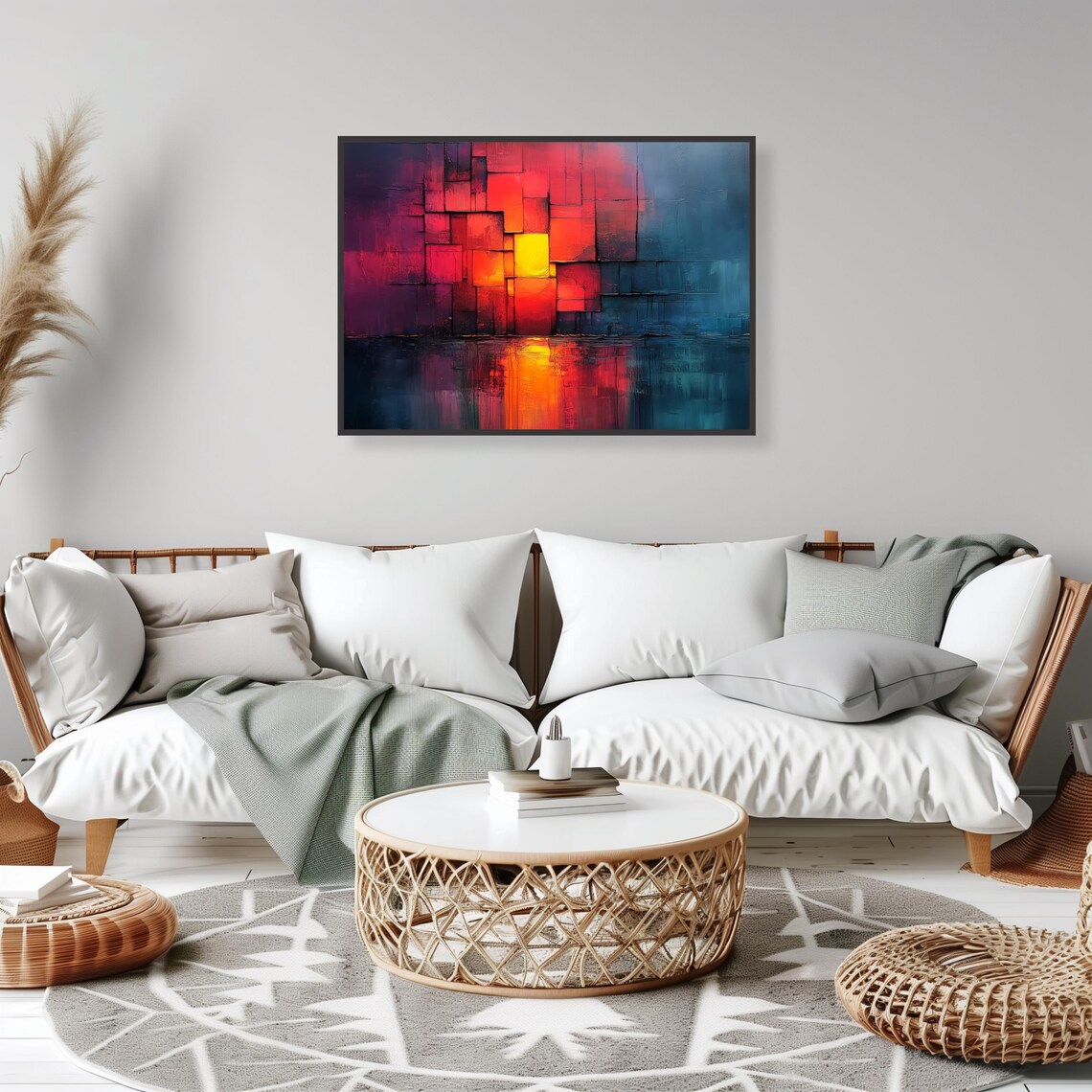 Geometric Sunset Squares Abstract Oil Painting Style Wall Art - Image 2