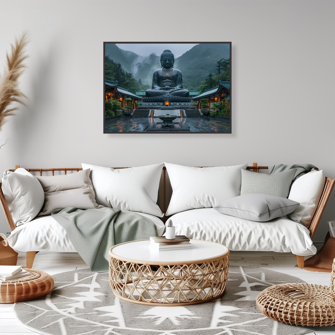 Giant Buddha Statue Misty Mountain Temple Zen Serene Art Print - Image 2