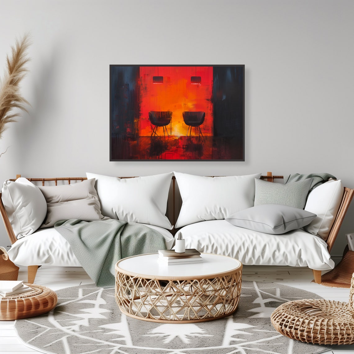Two Black Chairs Fiery Red Abstract Interior Modern Wall Art - Image 2
