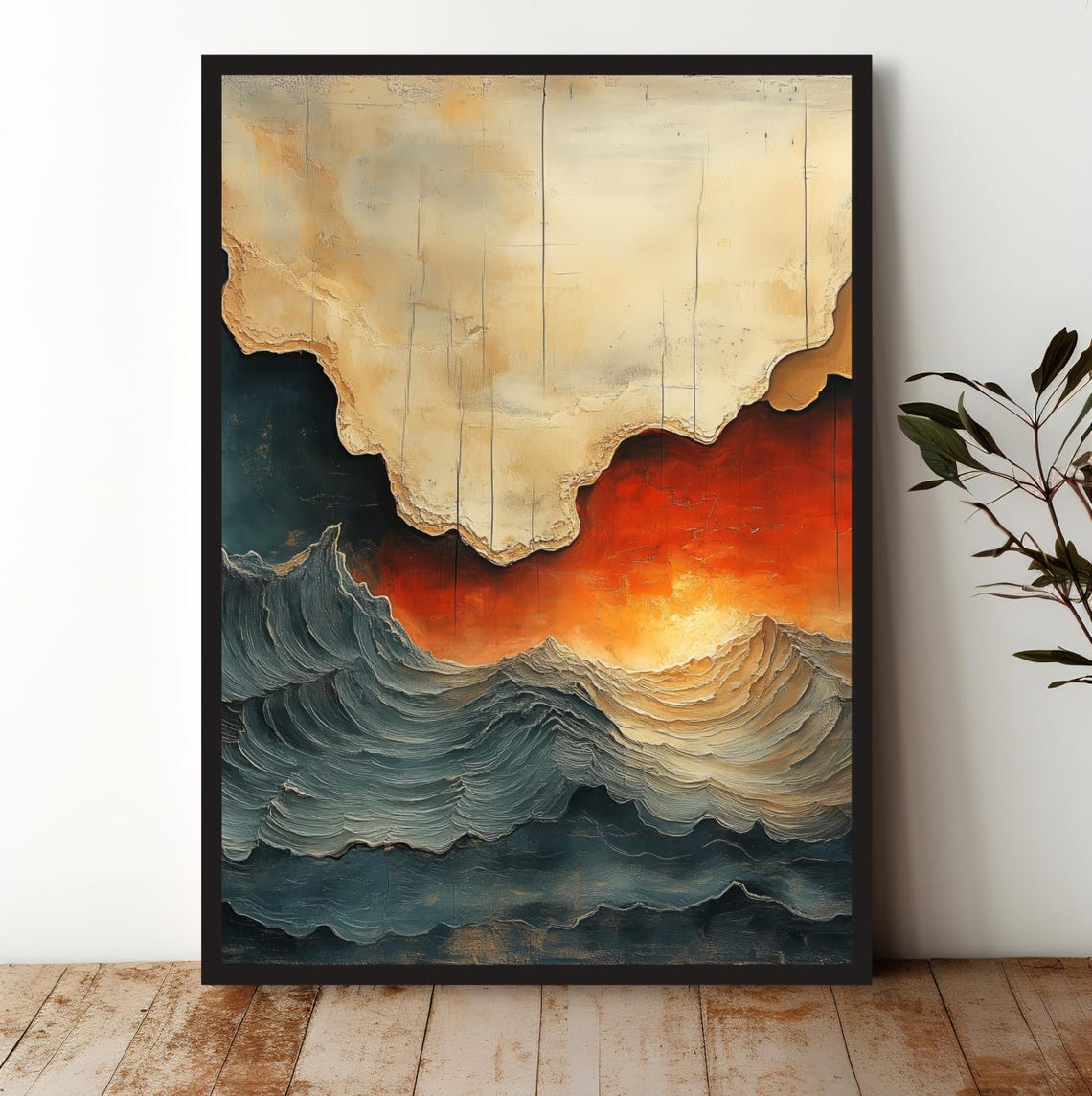 Dramatic Ocean Waves Sunset Sky Textured Abstract Art Poster