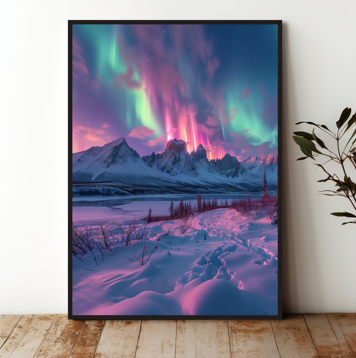 Northern Lights Snowy Mountain Night Aurora Landscape Art Poster