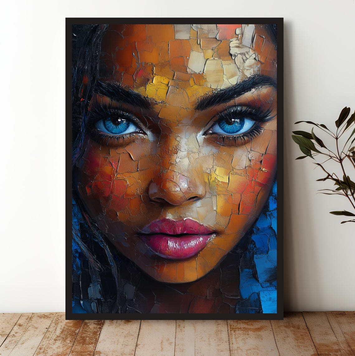Abstract Woman Portrait With Striking Blue Eyes Cracked Texture Poster