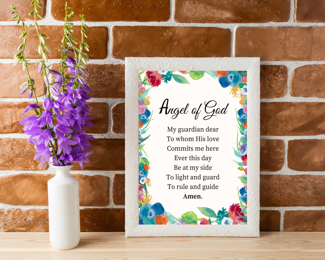 Angel Of God Guardian Prayer Watercolor Floral Christian Nursery Wall Art Poster - Image 3