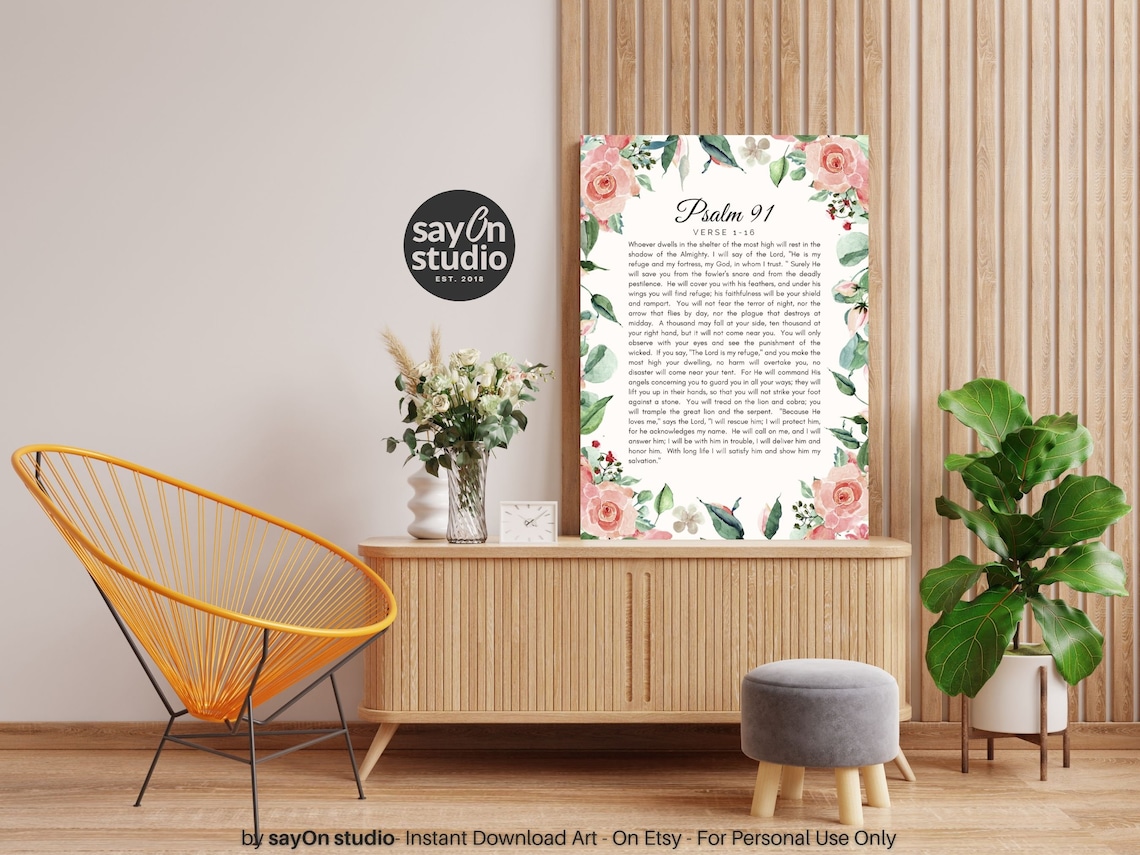 Psalm 91, Pink Blush Floral Margin Poster Print - Image 3
