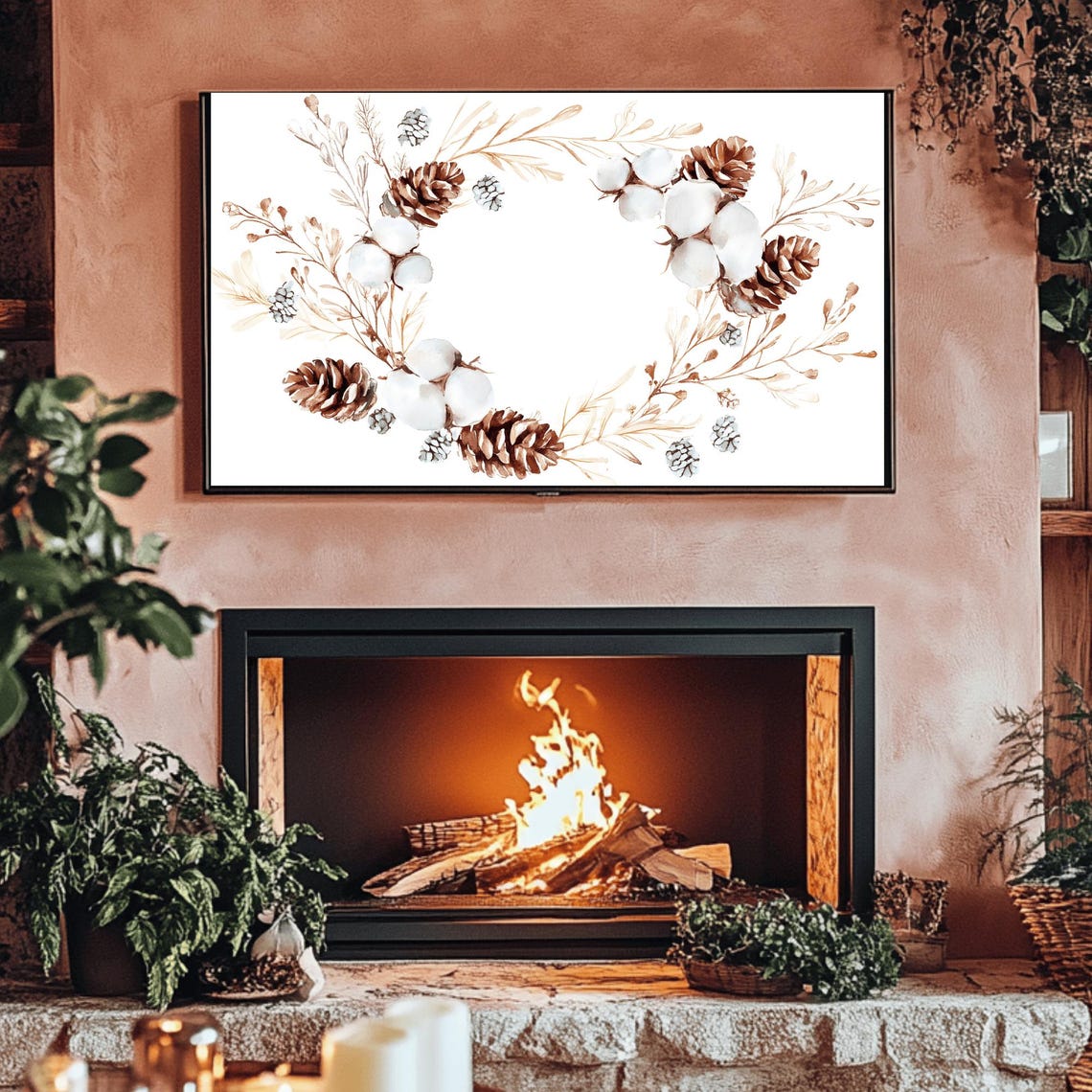 Pinecone Cotton Wreath With Golden Winter Foliage Branch Poster - Image 3