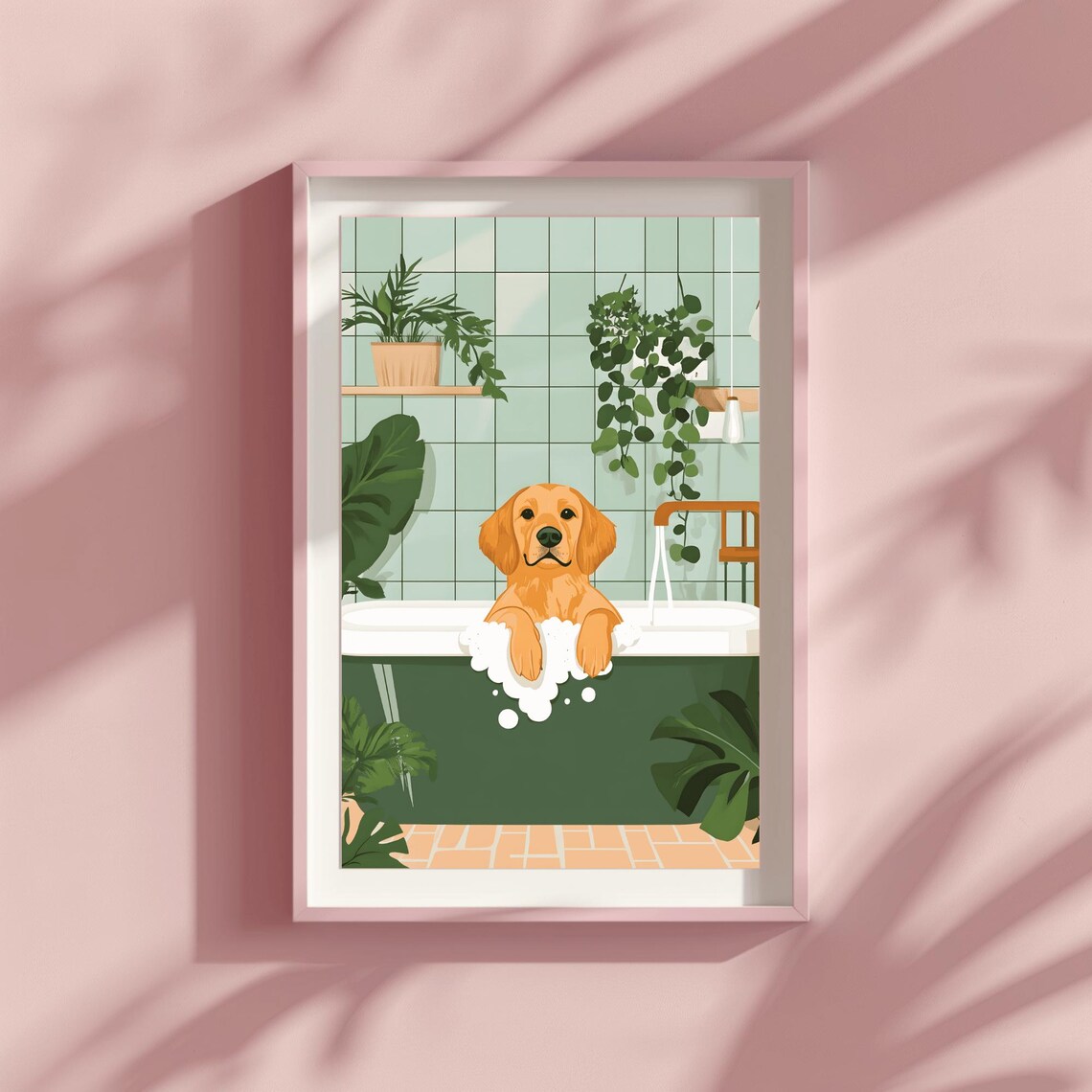 Golden Retriever Bubble Bath Green Tiled Bathroom Funny Poster - Image 2