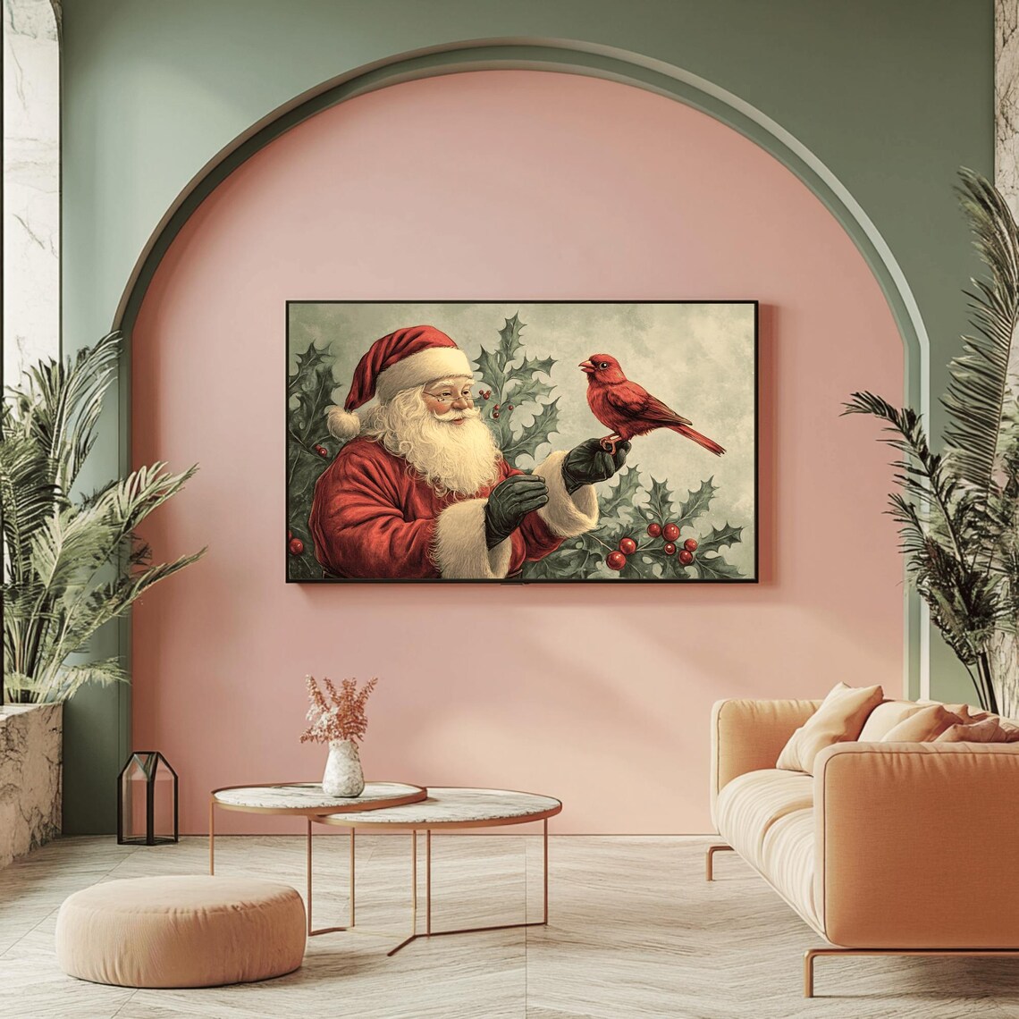 Santa Claus with Red Cardinal Bird Giant Holly Leaves Art Poster - Image 2