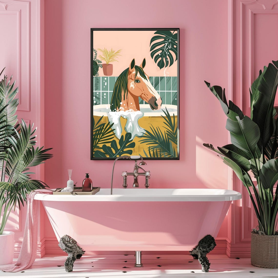 Horse Relaxing in Bubble Bath Funny Tropical Bathroom Wall Poster - Image 3