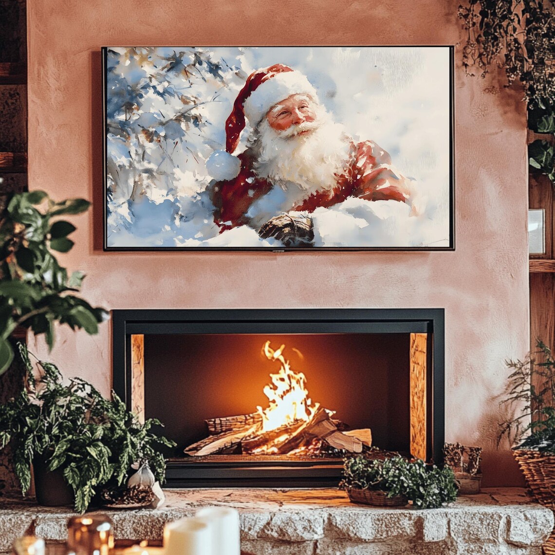 Laughing Santa Claus Waist Deep In Snow Winter Watercolor Poster - Image 3