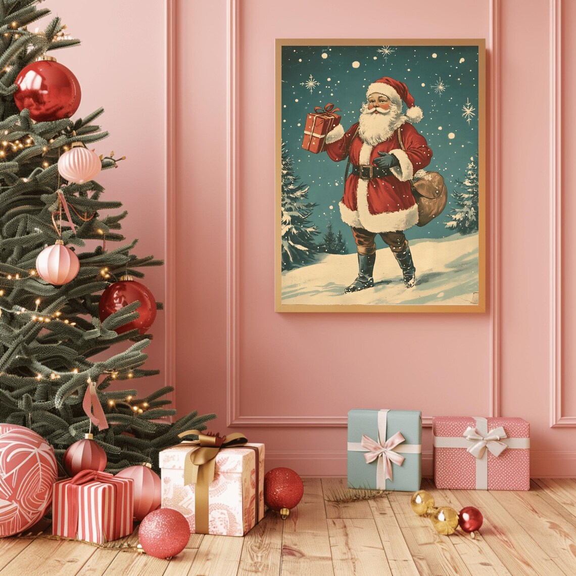 Vintage Santa Holding a Gift under a Starry Snowy Teal Night Art Print - Image 2