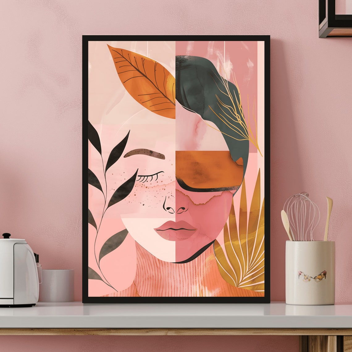 Pink Botanical Female Portrait Abstract Modern Japandi Wall Art - Image 2