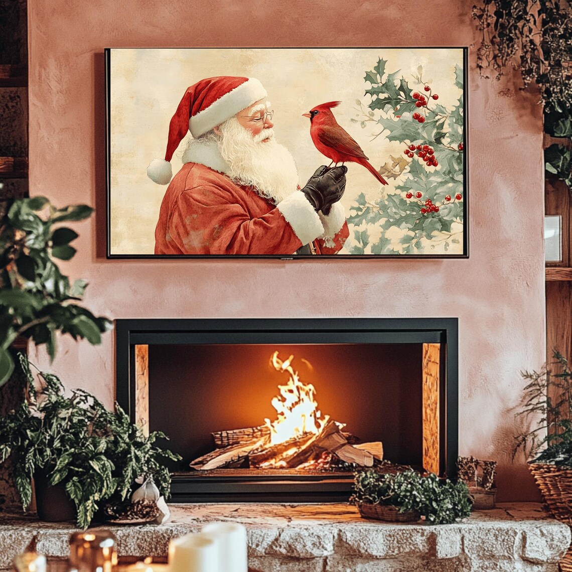 Vintage Santa Claus Profile with Cardinal Cream Background Poster - Image 3