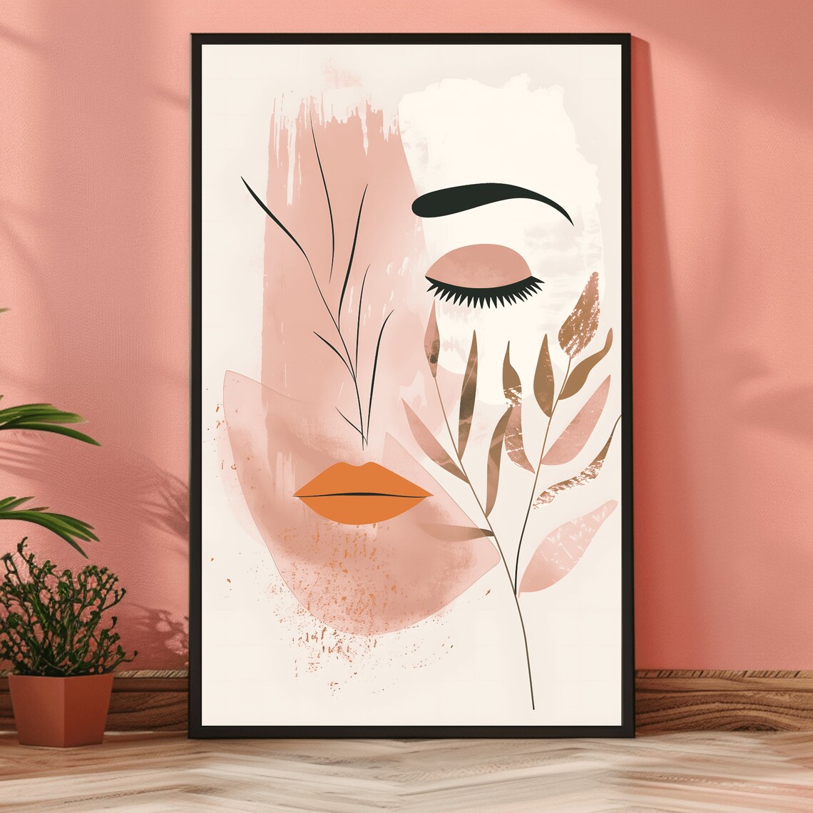 Minimalist Abstract Woman Face Beige Watercolor Botanical Wall Art - Image 2
