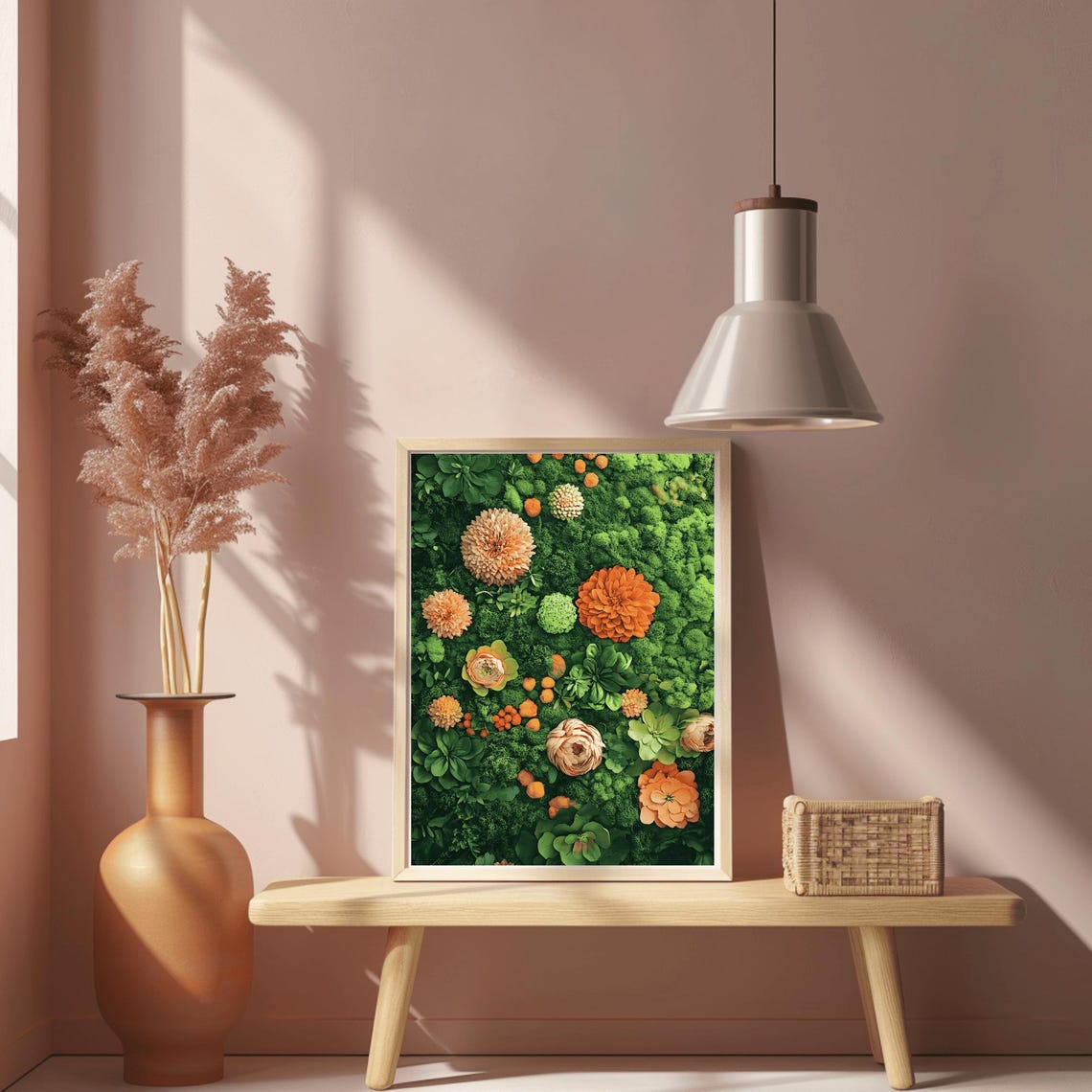 Peach Dahlia Pompoms and Succulents in Green Moss Botanical Poster - Image 2
