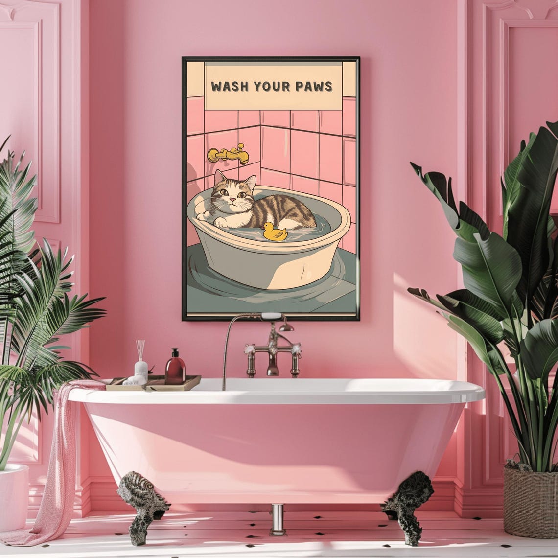 Cute Tabby Cat in Bathtub Wash Your Paws Funny Bathroom Poster - Image 3