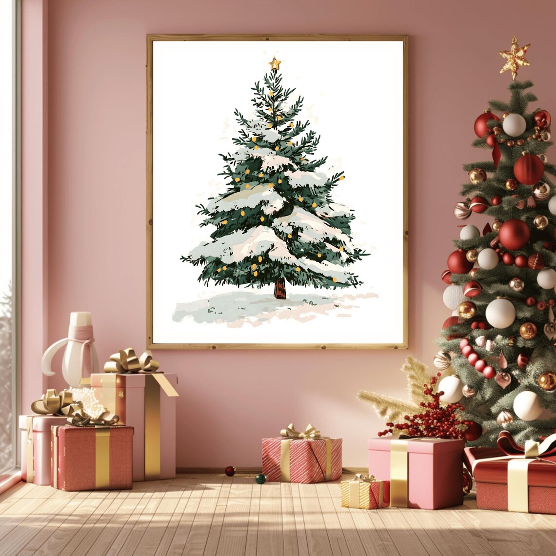 Graceful Snow-Dusted Watercolor Christmas Tree with Gold Star Art Print - Image 3