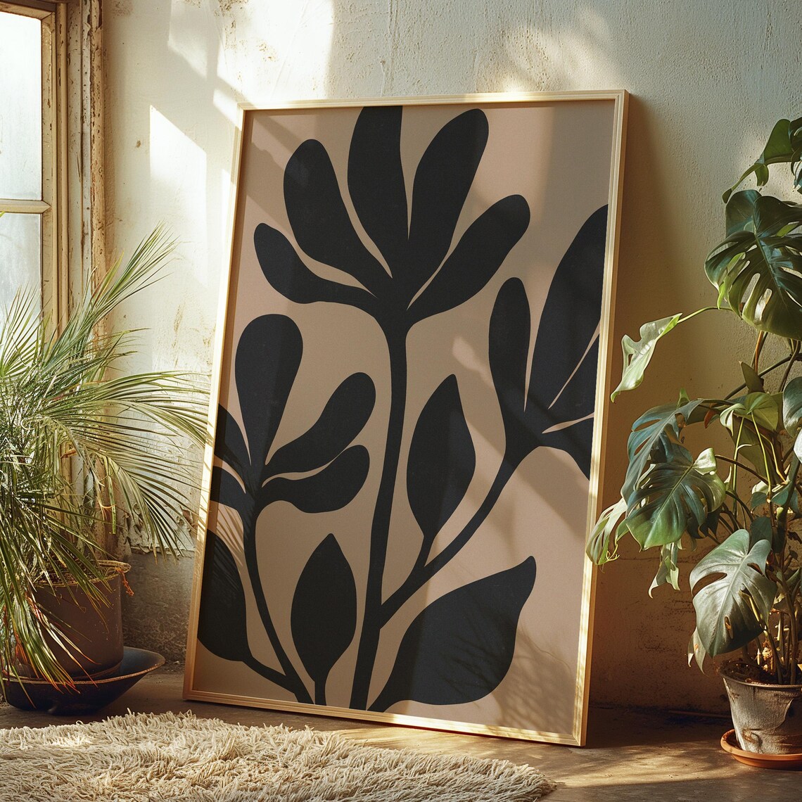 Black Botanical Leaf Silhouette Stems Beige Modern Minimal Poster