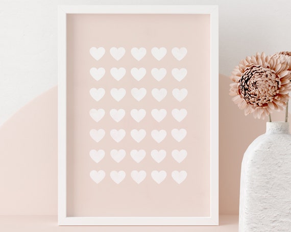 Pastel Pink Wall Art White Hearts Print Instant Pink Wall Dorm Decor Boho Minimalist Art Pink Art Print Boho Art