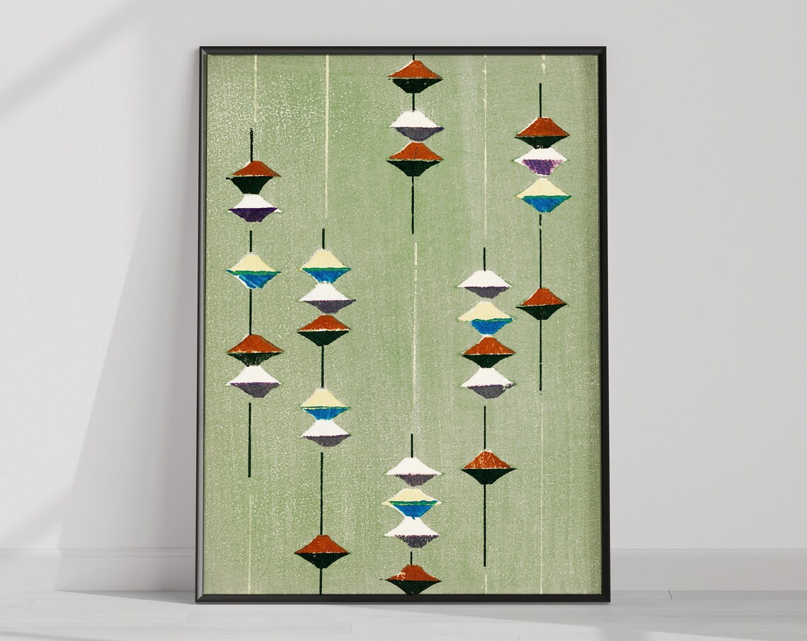 Japanese Woodblock Geometric Hanging Ornaments Sage Green Art Poster - Image 3
