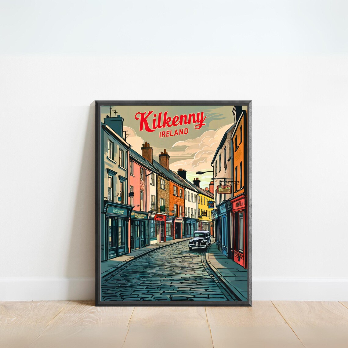 Kilkenny Ireland Cobblestone Street Shops Vintage Travel Poster