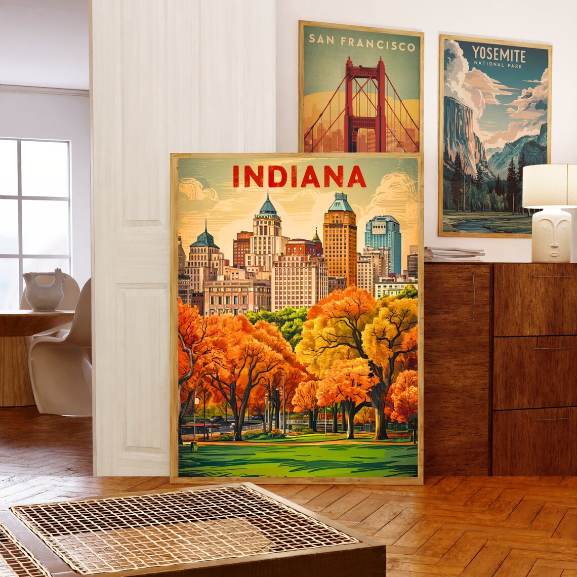 Indiana Retro City Skyline Autumn Trees Warm Fall Travel Poster - Image 5
