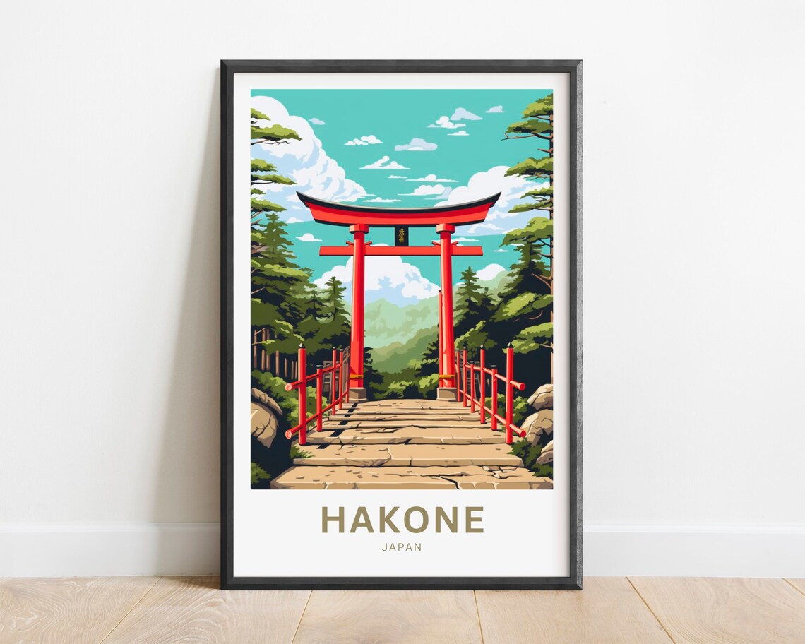Hakone Japan Red Torii Gate Forest Path Vintage Travel Poster