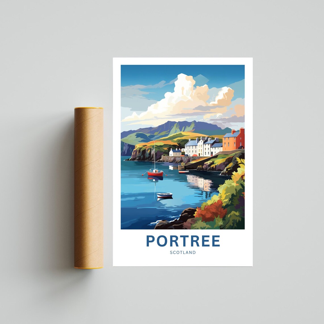 Portree Scotland Harbor Boats Seaside Cliffs Village Scene Poster - Image 4