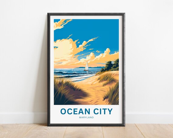 Ocean City Maryland Sunset Dunes Sailboat Beach Travel Poster
