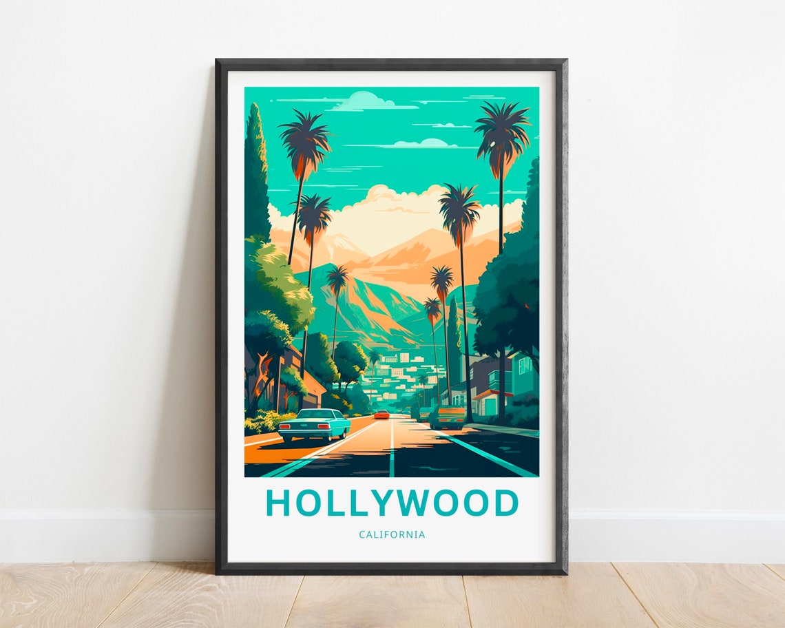 Hollywood California Sunset Palm Street Hills Retro Travel Poster